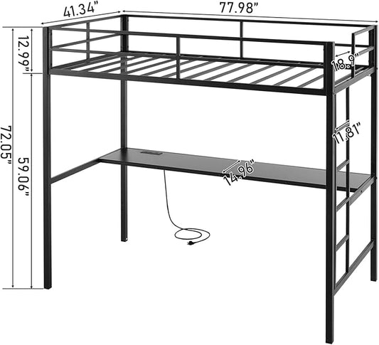 Karl home Twin Metal Loft Bed with Desk, with Power Outlet and LED Lighted, Safety Guardrail & Ladder, Space Saving, No Noise, No Box Spring Needed, Black
