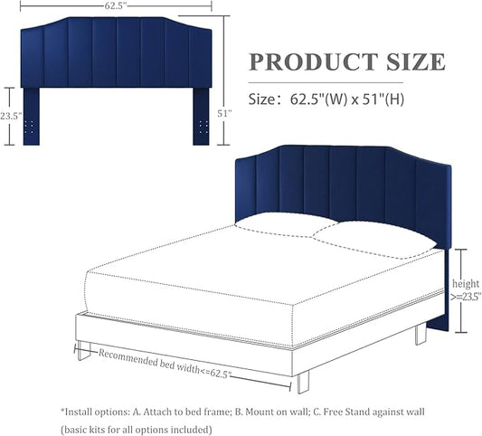 Velvet Queen Size Headboard, Upholstered Headboard Queen/Full Size Wall Mount and Bed Frame Mount, Featuring High-Density Sponge Padding Luxury Texture Easy Assembly Comfort Style-Navy Blue