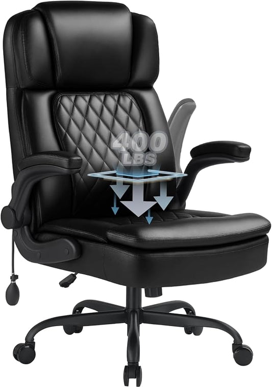400lbs Executive Office Chair with Flip up Arm,Ergonomic Big and Tall Computer Desk Chairs with Pocket Spring Cushion,High Back PU Leather Computer Chair with Adjustable Lumbar Support,Metal Base