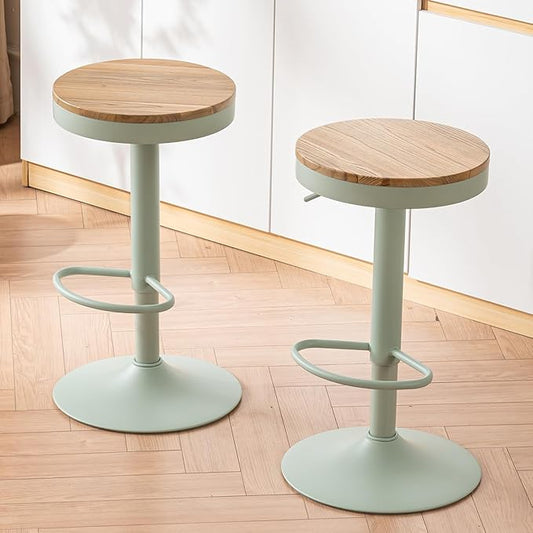 Kidol & Shellder Bar Stools Set of 2 Round Adjustable Swivel Barstools Modern Backless Bar Chairs Wooden Seat Counter Height Stools Armless for Kitchen Island, Cafe, Dining Room (Mint Green)