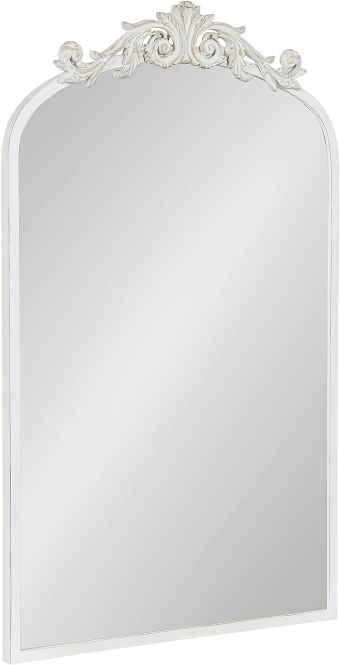 Kate and Laurel Arendahl Traditional Arch Wall Mirror; 19 x 31; Antique White; Vintage Glam Baroque-Inspired Arched Bathroom Vanity Mirror with Ornate Crown