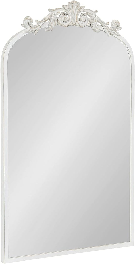 Kate and Laurel Arendahl Traditional Arch Wall Mirror; 19 x 31; Antique White; Vintage Glam Baroque-Inspired Arched Bathroom Vanity Mirror with Ornate Crown