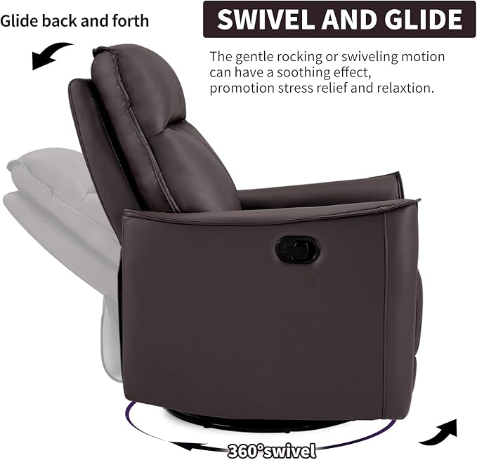 CANMOV Swivel Rocker Recliner, Glider Rocking Chair, Nursing Chairs Swivel Glider Recliners with Soft Backrest, Leathaire Manual Reclining Sofa for Living Room Bedroom Apartment, Dark Brown