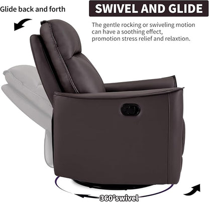 CANMOV Swivel Rocker Recliner, Glider Rocking Chair, Nursing Chairs Swivel Glider Recliners with Soft Backrest, Leathaire Manual Reclining Sofa for Living Room Bedroom Apartment, Dark Brown