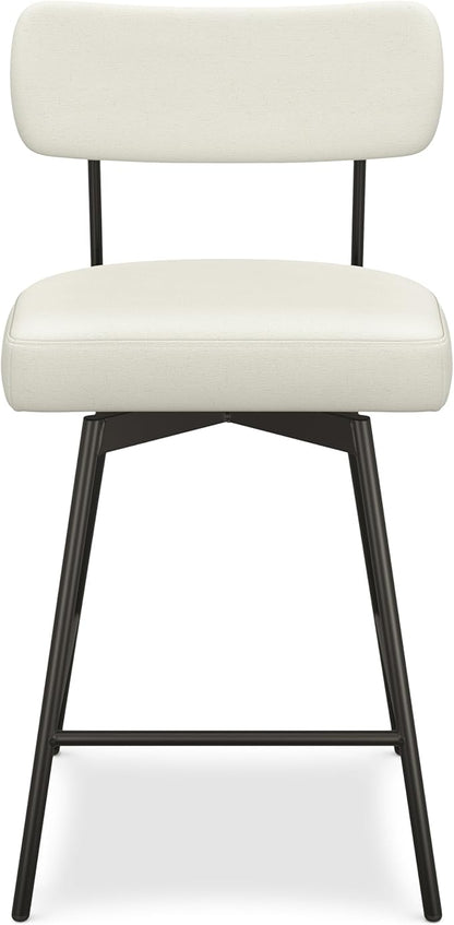 SIMPLIHOME Giselle Counter Stools (Set of 2) - 24 Inch Seat Height Swivel Upholstered Metal Kitchen Stools in Natural Polyester Linen, Contemporary Modern Seating with Padded Seat and Backrest
