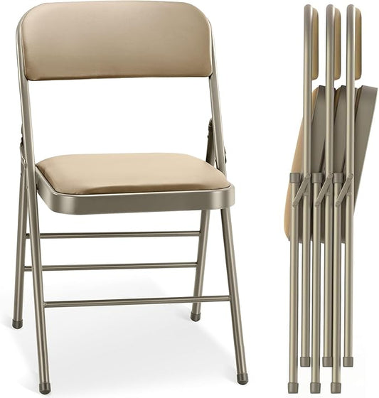 cyclone sound 4 Pack Folding Chairs with PU Padded Cushion and Back, Commercial Grade Metal Chairs with Comfortable PU Leather Cushion for Home and Office, for Indoor and Outdoor Events (4, Beige-PU)