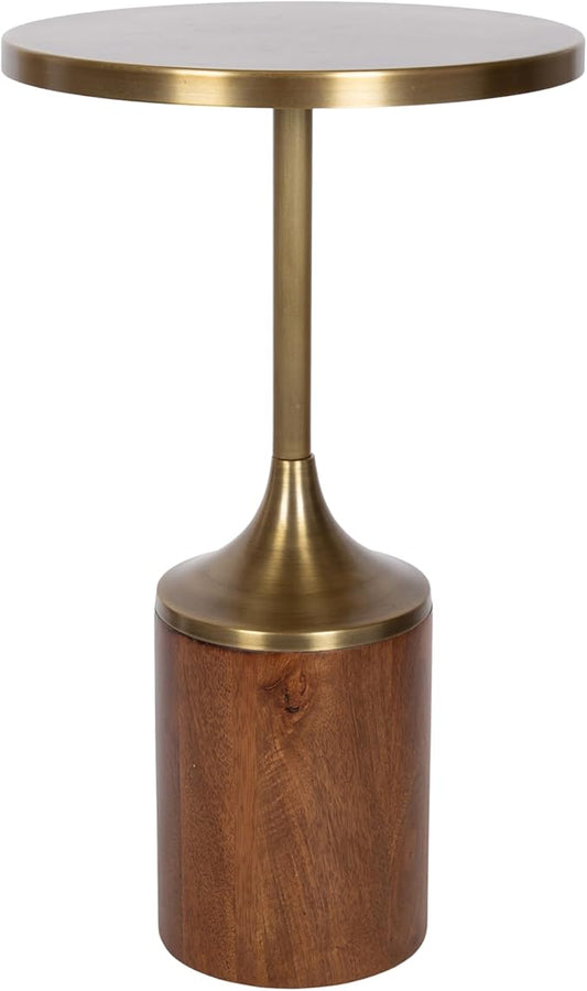 Kate and Laurel Whelan Modern Metal Round Side Table, 14 x 14 x 24, Antique Brass and Walnut Brown, Transitional Sculptural Indoor Plant Stand for Living Room End Table or Bedroom Nightstand