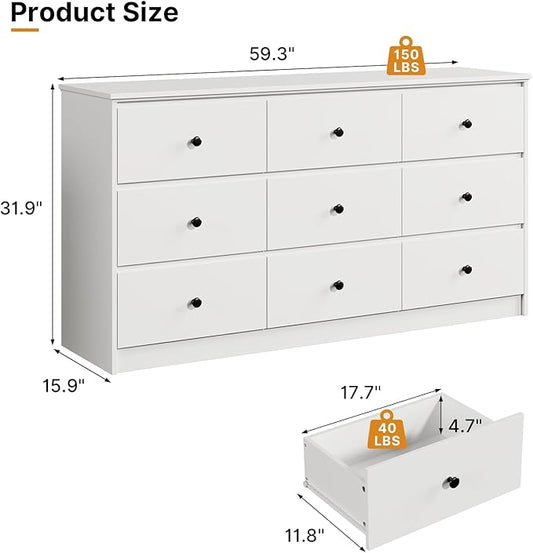 9 Drawer Dresser for Bedroom, 59" Wide White Chest of Drawers, Wooden Dresser with 9 Drawers with Ample Storage, Modern Storage Organizer for Hallway,Nursery