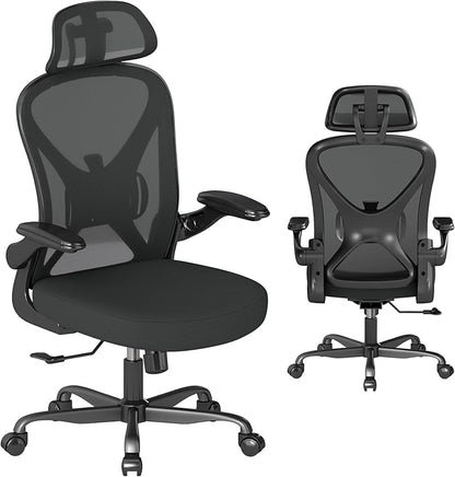 ZZH Ergonomic Office Chair Set of 2 with Adjustable Lumbar Support and Headrest, Mesh Home Office Desk Chair with Wheels and Flip-up Arms, Black