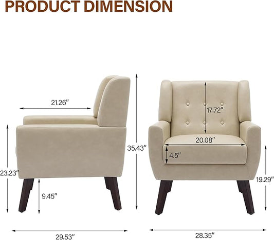 Lumibee Accent Chairs Set of 2, Modern Faux Leather Armchairs for Living Room, Comfy Upholstered Arm Chairs Tufted for Indoor Bedroom Office Room (P Cream)