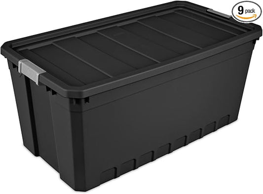 Sterilite 9-Pack Plastic Storage Bins with Lids, Stackable Containers, 50 Gallon, Black