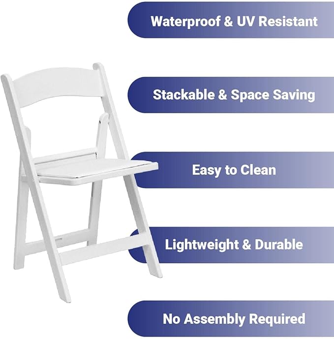 TentandTable White Resin Folding Chairs - Set of 2 Lightweight Stackable Chairs with Padded Seats - Durable 1000LB Capacity - Comfortable Indoor/Outdoor Event Chairs for Weddings, Parties, and More