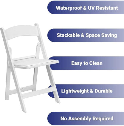 TentandTable White Resin Folding Chairs - Set of 2 Lightweight Stackable Chairs with Padded Seats - Durable 1000LB Capacity - Comfortable Indoor/Outdoor Event Chairs for Weddings, Parties, and More