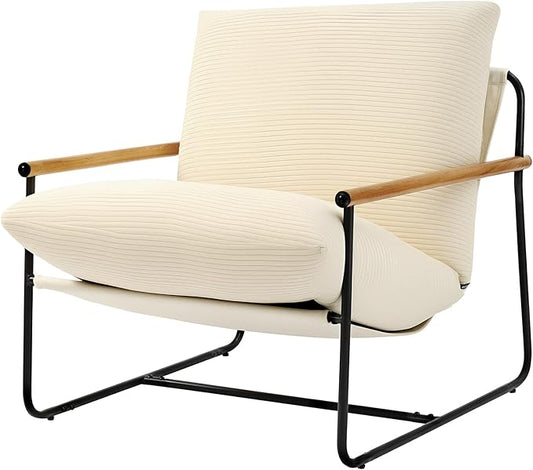 VEVOR Accent Chair, Metal Framed Chair with Wooden Armrests, Modern Cozy Upholstered Armchair, with Soft Foam Cushioning, Detachable Cushion, for Living Room, Bedroom, Reading Room, Office, Beige