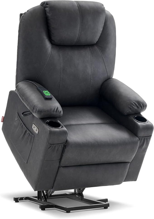 MCombo Dual Motor Large Power Lift Recliner Chair for Elderly, Lay Flat Lift Chair with Heat and Massage, Big Lift Recliner for Tall People, Faux Leather 7815 (Grey, Large)