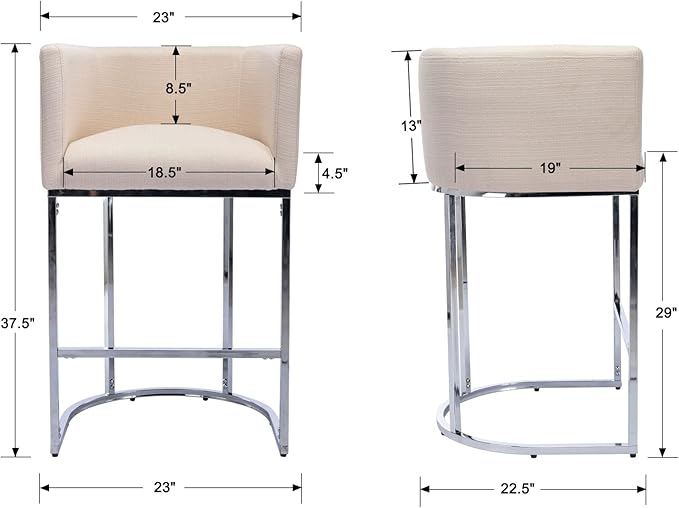 Contemporary Cream Linen Bar Stools Set of 2, 29" Upholstered Fabric Counter Height Barstools Kitchen Counter Island Stools with Screwed Together Chrome Finish Base