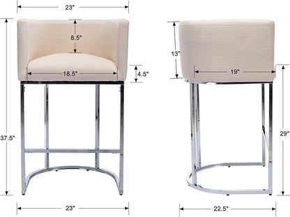 Contemporary Cream Linen Bar Stools Set of 2, 29" Upholstered Fabric Counter Height Barstools Kitchen Counter Island Stools with Screwed Together Chrome Finish Base