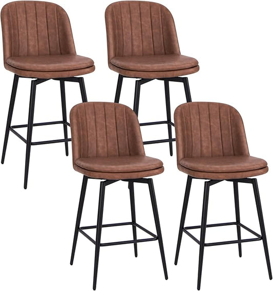 COSTWAY Bar Stool Set of 4, 27 Inch Swivel Counter Height Chair with Padded Seat, Metal Legs & Footrest, PU Leather Bar Chair for Kitchen Island (4)