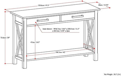 SIMPLIHOME Kitchener Console Table - 47 Inch Wide Solid Wood Sofa Table in White, Contemporary Storage Table for Entryway or Living Room with 2 Drawers, Bottom Shelf, and X-Design Side Panels