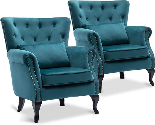 Accent Reading Arm Chairs Set of 2 for Living Room Bedroom, Midcentury Modern Comfy Corner Sofa Chair, Wingback Waiting Room Club Chair with Button Tufted Back &Lumbar Pillow, Velvet Teal