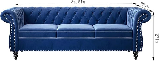 Chesterfield 3 Seater Sofa, Modern Velvet Tufted Couch 3 Seater with Rolled Arms and Nailhead Mid-Century Upholstered Couch for Living Room, Bedroom, Apartment and Office, Blue