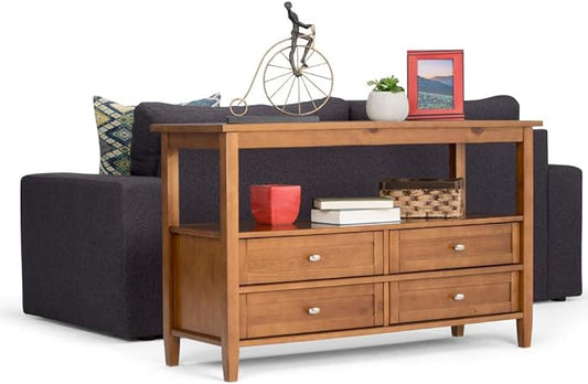 SIMPLIHOME Warm Shaker Console Table - 48 Inch Wide Solid Wood Sofa Table in Light Golden Brown, Transitional Storage for Living Room with 4 Drawers, Open Shelf, and Brushed Nickel Knobs