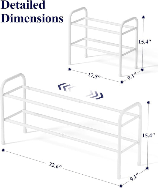 Kitsure Extendable Shoe Rack - 2-Tier Adjustable Metal Shoe Organizer, Sturdy Rust-Resistant Shoe Shelf for Entryway, Closet, or Bedroom, 17.5"–32.6" x 9.1" x 15.4", White