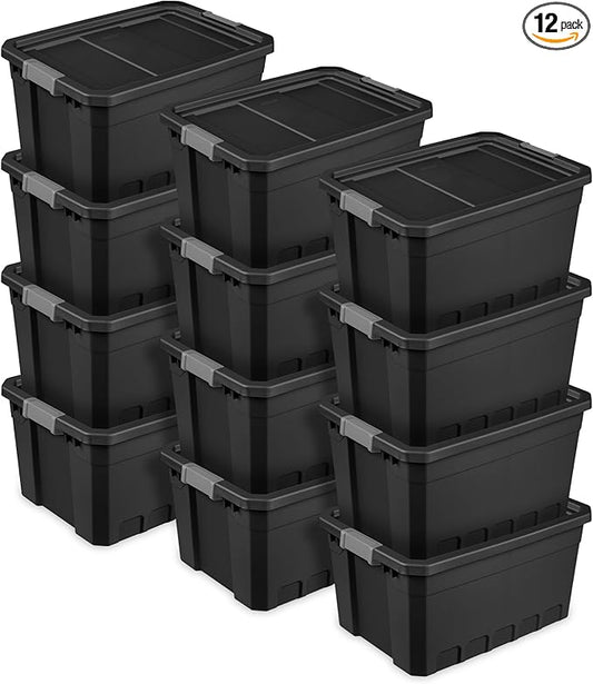 Sterilite 12-Pack Plastic Storage Bins with Lids, Stackable Containers, 19 Gallon, Black