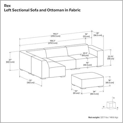 SIMPLIHOME Rex Left Corner Sectional Modular Sofa and Ottoman Set in 100% Recycled Polyester Tightly Woven Performance Fabric, Pale Grey, 116-inch-wide L-Shaped Sofa and 34-inch-Wide Ottoman