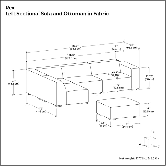 SIMPLIHOME Rex Left Corner Sectional Modular Sofa and Ottoman Set in Full-Grain Genuine Leather, Sienna, 116-inch-wide L-Shaped Leather Sofa and Matching 34-inch-Wide Table Ottoman for Living Room