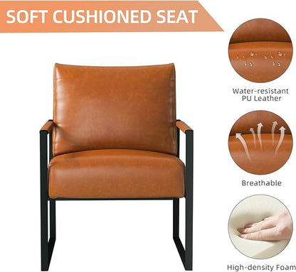 INZOY Leather Accent Chair with Metal Frame, Comfy Living Room Chair with Plump Backrest and Cushion, Mid Century Modern Chair with Sturdy Structure, Easy to Clean, Brown