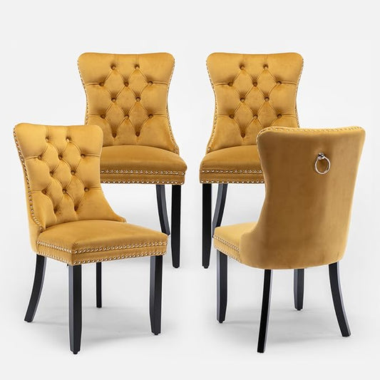 Velvet Upholstered Dining Chairs Set of 4, Modern Style Kitchen Side Chairs with Nailhead Trim and Wood Legs,Metal Pulling Ring for Dining Room Living Room(Gold)