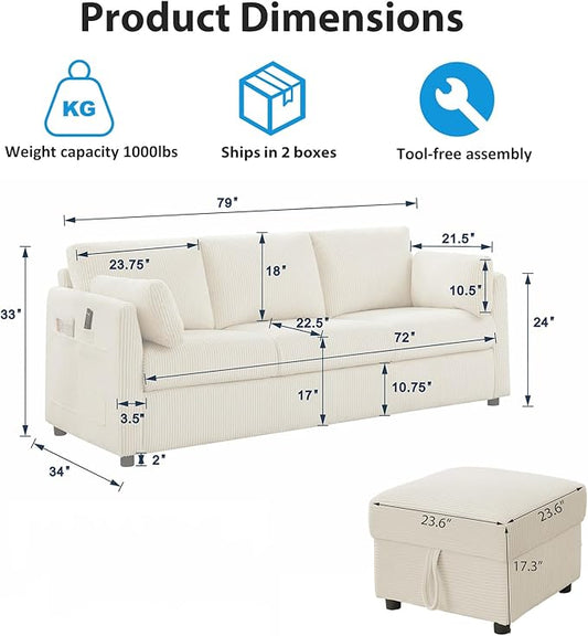 79" L Shaped Couch with Storage Ottoman, 3 Seater Corduroy Sofa with 2 Pillows and Storage Pockets, Small Modern Couches for Living Room, Apartment, Small Spaces, Home Office, Navy Blue