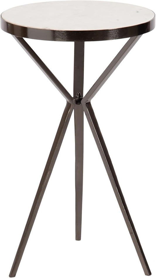 Kate and Laurel Gribben Modern Round Marble Side Table, 14 x 14 x 24, White and Gray Gunmetal, Tripod-Base Bedside Table for Display and Storage as a Bedroom Nightstand or Living Room Accent