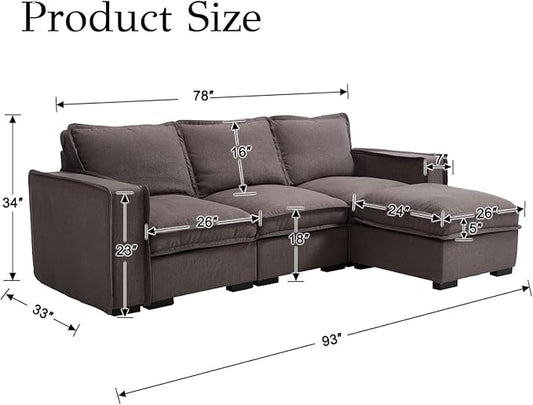 EALSON 93" Modular Sectional Sofa Comfy Cloud Couch with Ottoman Modern Convertible L Shape Couches with Wooden Legs Linen Deep Seat Couch 4-Seater Sofa for Living Room/Apartment, Grey