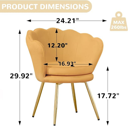 Velvet Vanity Chair with Back, Mid-Century Modern Small Accent Chair for Living Room, Golden Metal Legs Upholstered Makeup Chair, 1Pcs Bedroom Armchair, Brown