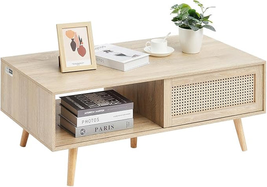 VEVOR Rattan Coffee Table, Mid Century Modern Table, Rectangle Wood Table, 42 Inch Modern Boho Style Two Layers Storage Coffee Table, for Living Room, Bedroom & Small Spaces