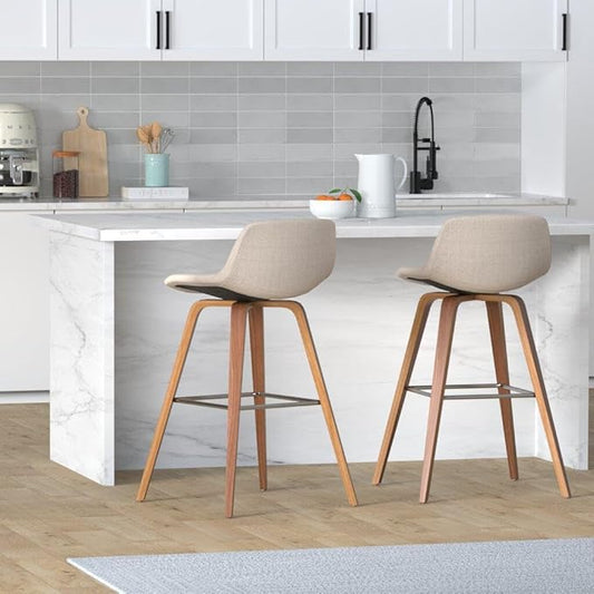 SIMPLIHOME Randolph Counter Stools (Set of 2) - 28 Inch Seat Height Upholstered Bentwood Kitchen Seats in Natural Linen Look Fabric, Mid Century Modern Seating with Curved Backrest and Chrome Footrest