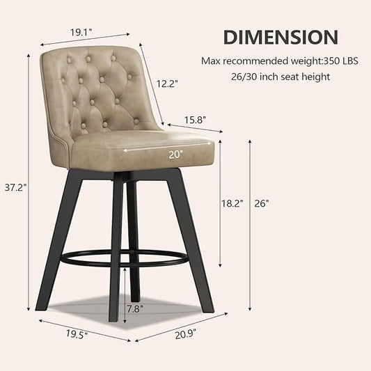 MINCETA Bar Stools Set of 4, PU Leather Barstools, 26 Inch Upholstered Counter Stools with Low Tufted Back and Footrest, Swivel Counter Height Barstools for Kitchen Island Home Bar Khaki