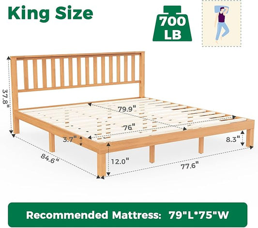 DELAVIN King Size Bed Frame with Farmhouse Headboard, Solid Wood Platform Bed with Storage, Malaysian Oak King Bedframe, Wood Slats Support, No Box Spring Needed, Rustic Pine