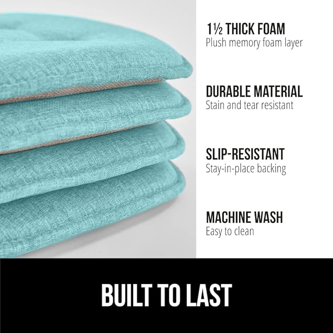 GORILLA GRIP Slip Resistant Tufted Chair Cushions, No Ties Required, Set of 6 Memory Foam Pads for Dining Room Kitchen Table Office Rocking Chairs, Plush Seat Cushion Pad, Home Decor, 16x17, Turquoise