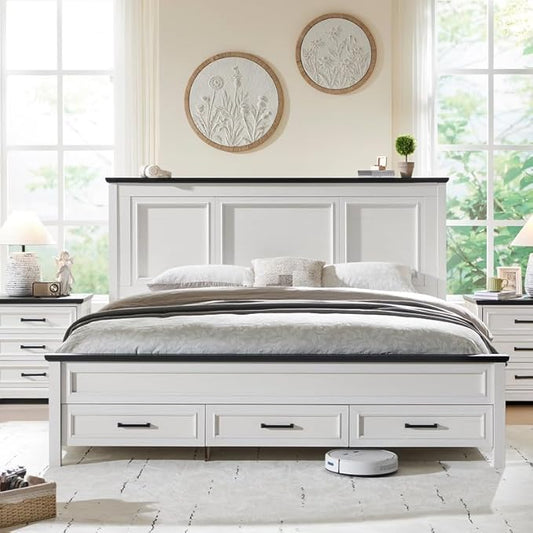 ACCOHOHO Farmhouse Queen Size Bed Frame with 52" Tall Headboard, Wood Platform Bedframe with Footboard and Storage Drawers, No Squeak, No Box Spring Needed, Off White