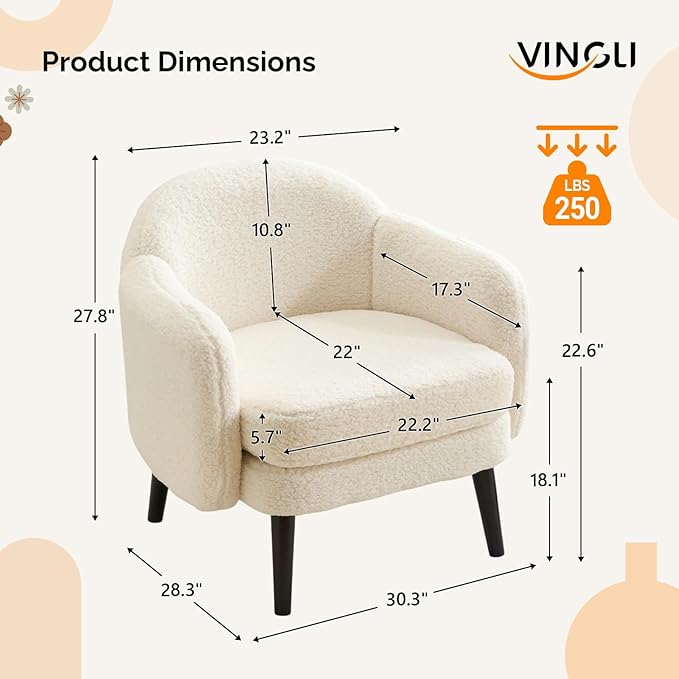 VINGLI 30.3" Wide Modern Barrel Accent Armchair with Track Armrest, Solid Wooden Legs, Comfy Upholstered Club Chair, Round Single Home Sofa for Living Room, Bedroom, Reading Room, Teddy Fleece White