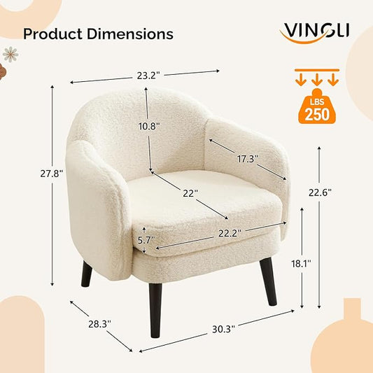 VINGLI 30.3" Wide Modern Barrel Accent Armchair with Track Armrest, Solid Wooden Legs, Comfy Upholstered Club Chair, Round Single Home Sofa for Living Room, Bedroom, Reading Room, Teddy Fleece White