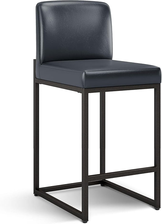 ALPHA HOME 24 Inch Bar Stools, Kitchen Counter Stools with Backs, PU Leather Barstools, Kitchen Stools with Back&Upholstered Footrest, Sturdy Chromed Metal Steel Frame, Midnight Blue