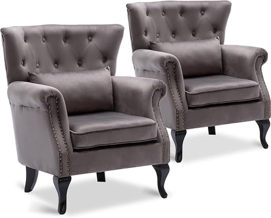 Accent Reading Arm Chairs Set of 2 for Living Room Bedroom, Midcentury Modern Comfy Corner Sofa Chair, Wingback Waiting Room Club Chair with Button Tufted Back &Lumbar Pillow, Velvet Grey