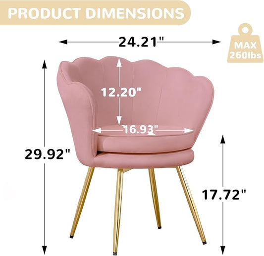 Accent Chairs Set of 2, Velvet Vanity Chair with Back, Mid-Century Modern Small Accent Chair for Living Room, Golden Metal Legs Upholstered Makeup Chair, Bedroom Armchair, Pink