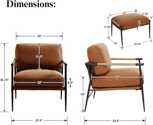 DUOMAY Mid Century Modern Accent Chair with Ottoman Set, PU Brown Upholstered Living Room Chair with Metal Legs Lazy Lounge Chair Set with Footrest for Bedroom Living Room