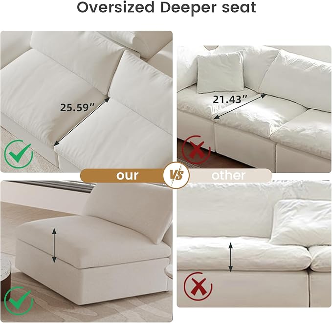 Cloud Couch Modular Sectional Sofa,Oversized 8 Seater Sofa,160.6" U Shaped Convertible Couches with Storage Ottoman Living Room Funiture, Deep Wide Seater,Covers Washable&Replaceable(White)