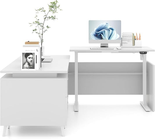 77" L-Shaped Electric Standing Executive Desk with 2-Drawer Storage Cabinet, Height Adjustable Workstation with Memory Presetsfor Home Office